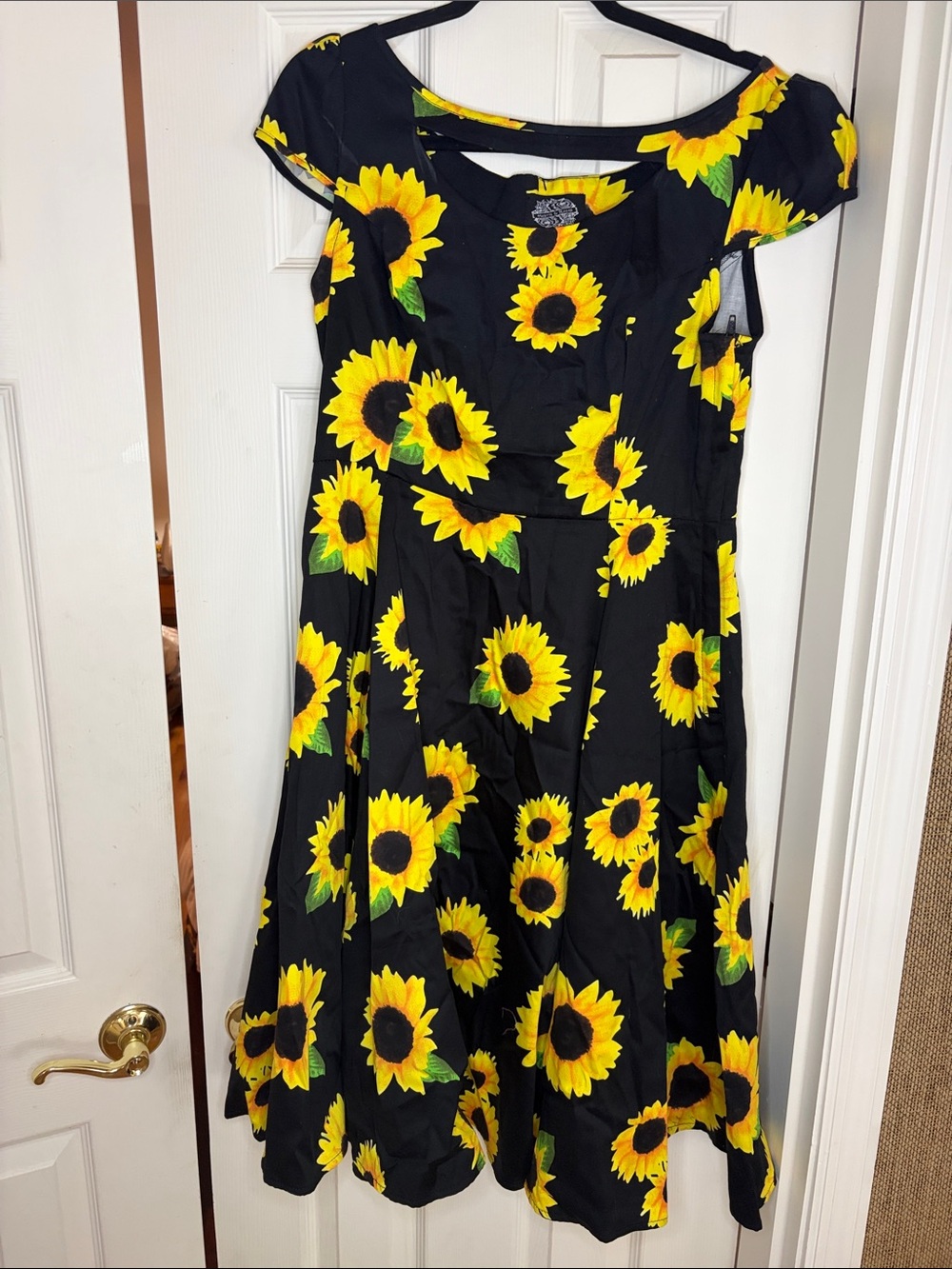 Sunflower Print Black Fit & Flare Dress